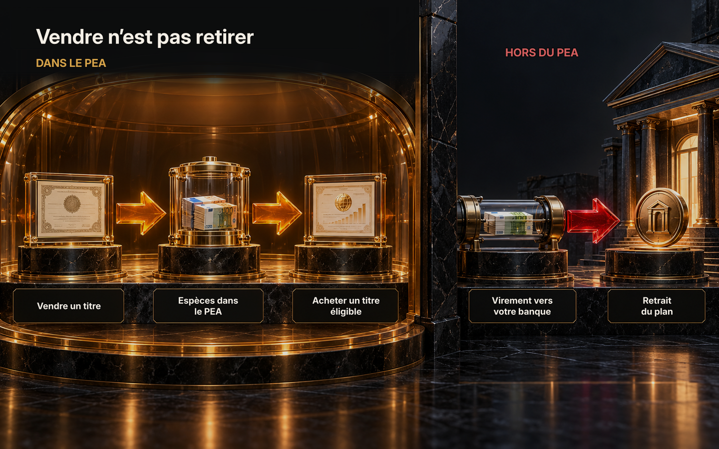 Vendre une action puis réinvestir à l’intérieur du PEA n’est pas un retrait. Sortir l’argent vers un compte bancaire est un retrait, avec des règles liées à l’ancienneté du plan.