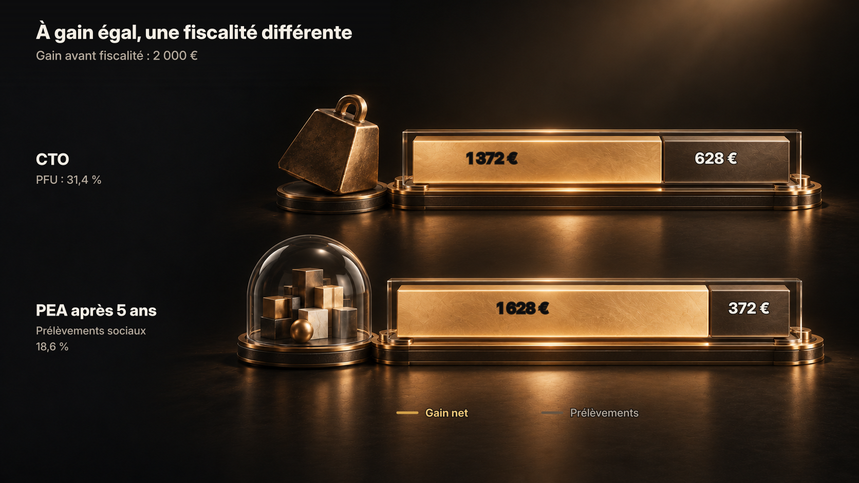 Pour un même gain hypothétique de 2 000 euros : 1 372 euros nets après PFU de 31,4 % dans le CTO, contre 1 628 euros après prélèvements sociaux de 18,6 % pour un PEA clôturé après cinq ans, selon les hypothèses de cet exemple.