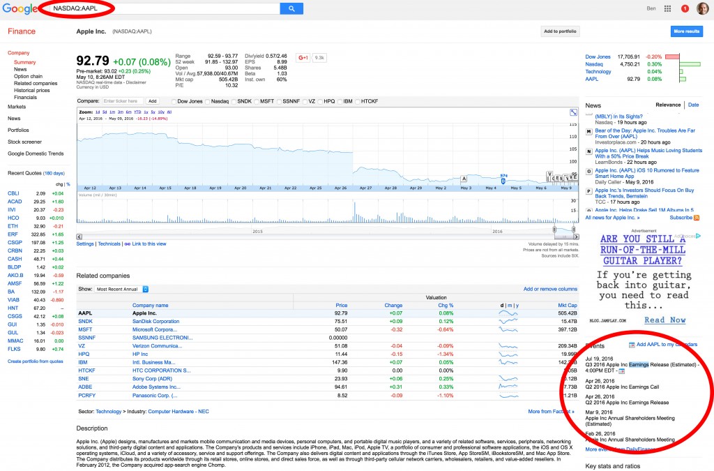 Les dates d'annonce de résultats boursiers par calendrier sur Google Finance