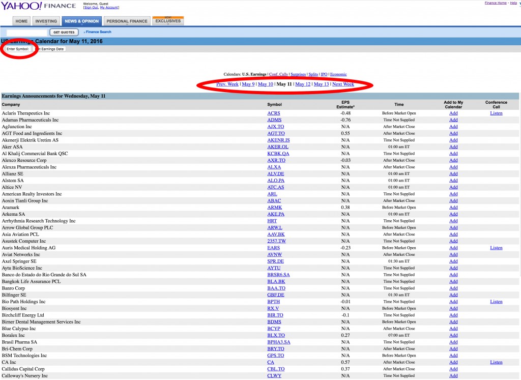 Les dates d'annonce de résultats boursiers sur Yahoo Finance