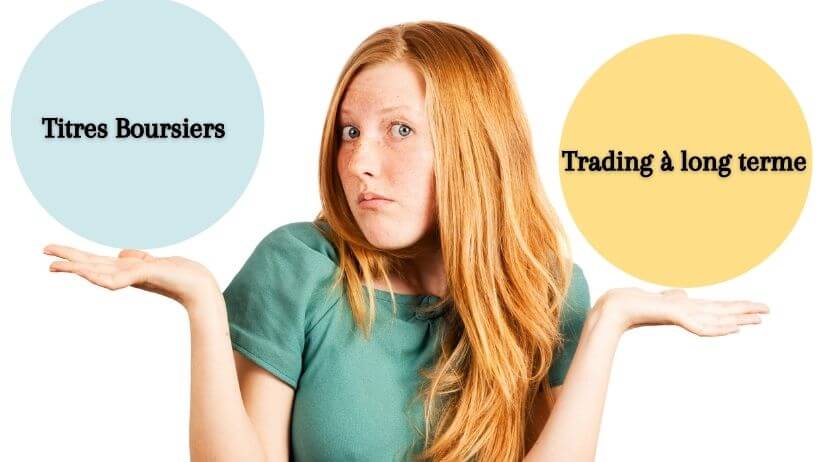 Une femme qui hésite entre les titres boursiers et le trading à long terme